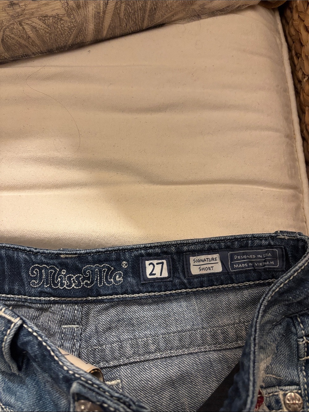 Miss Me Distressed Light Blue Denim Shorts with American Flag Patchwork - Picture 2 of 3